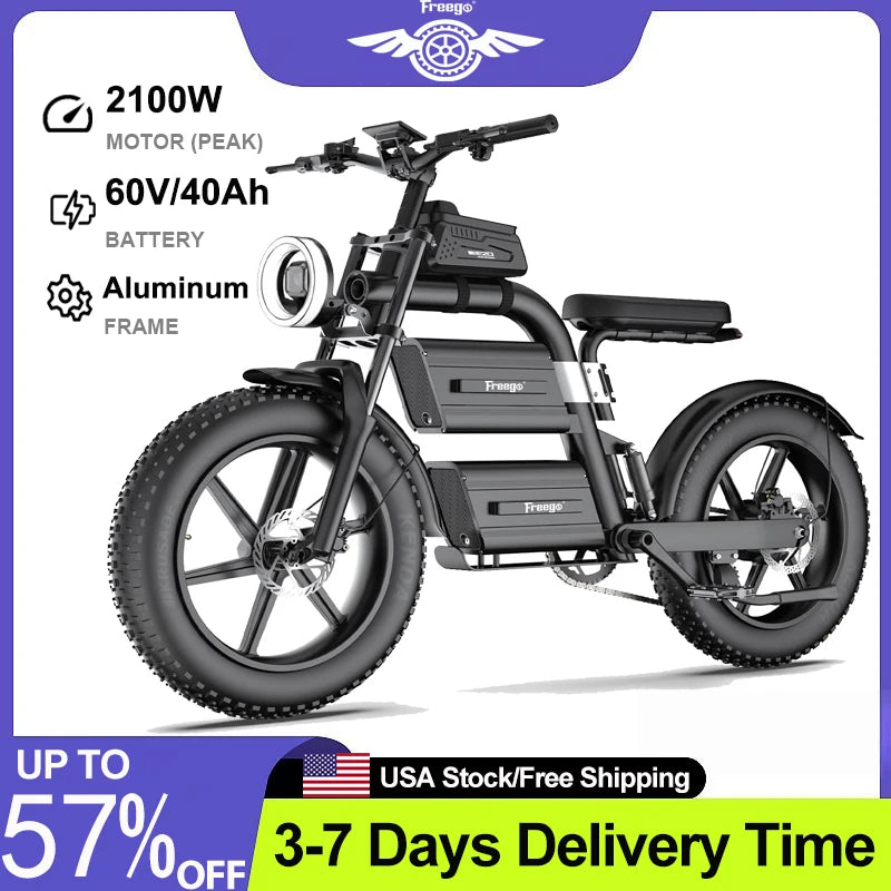 FREEGO Electric Bike for Adults 2100W Peak 40Ah Dual Battery  37MPH Off Road Fat Tire Electric Motorcycle with Full Suspension