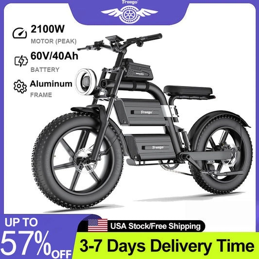 FREEGO Electric Bike for Adults 2100W Peak 40Ah Dual Battery  37MPH Off Road Fat Tire Electric Motorcycle with Full Suspension