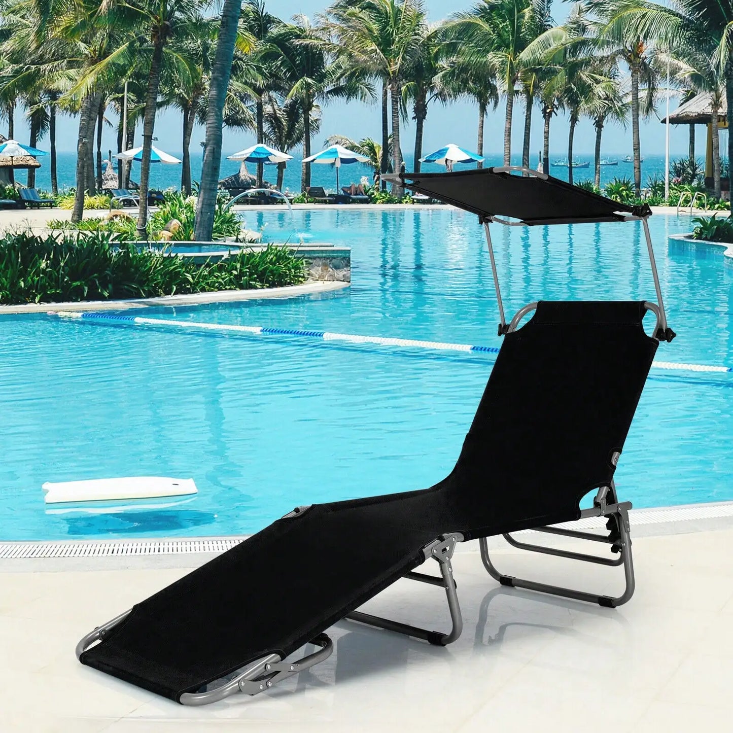 Foldable Lounge Chair Adjustable Outdoor Beach Patio Pool Recliner Black W/ Sun