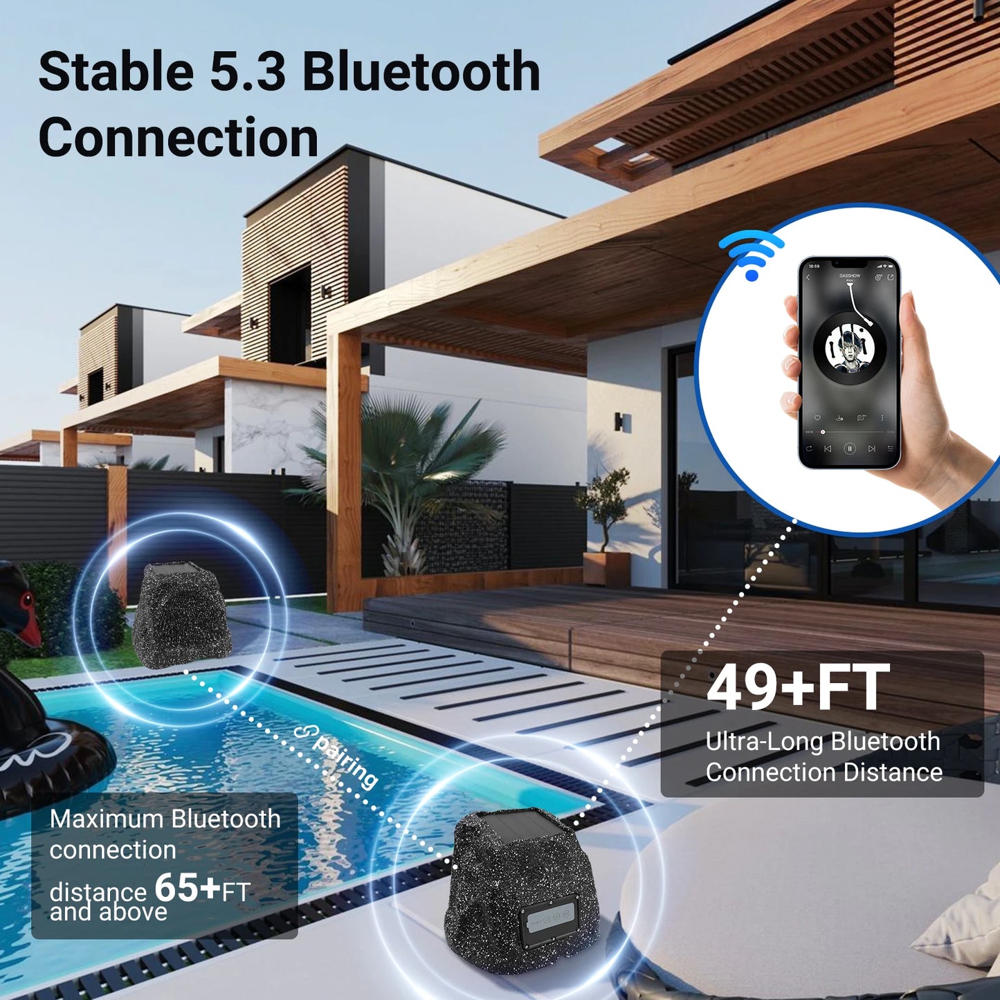 Herdio 8" Rock Bluetooth Speakers Outdoor Waterproof IPX7 Wireless Solar 240W TWS Connection Powered With Rechargeable Battery