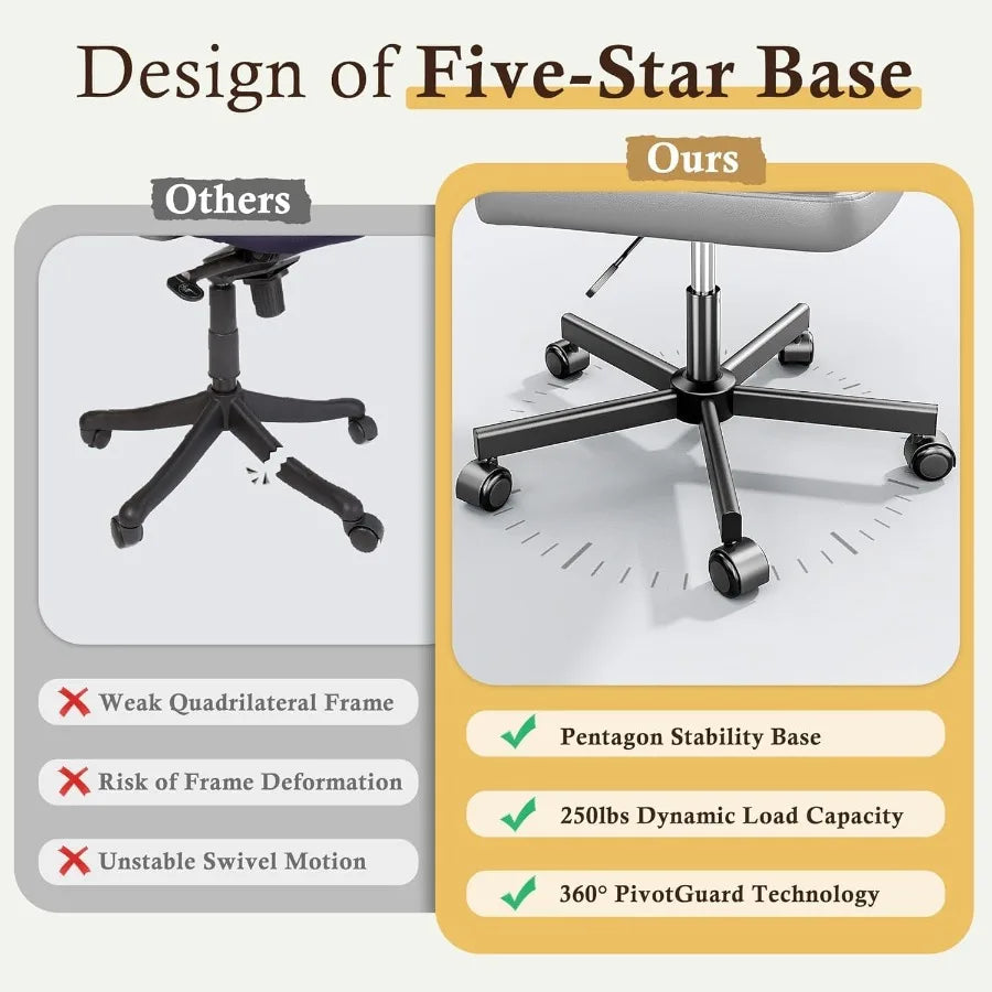 Armless 25.5 Wide Criss Cross Chair with Wheels Leather Cross Legged Office Chair with 2Layer Cushion Swivel Modern Home Office