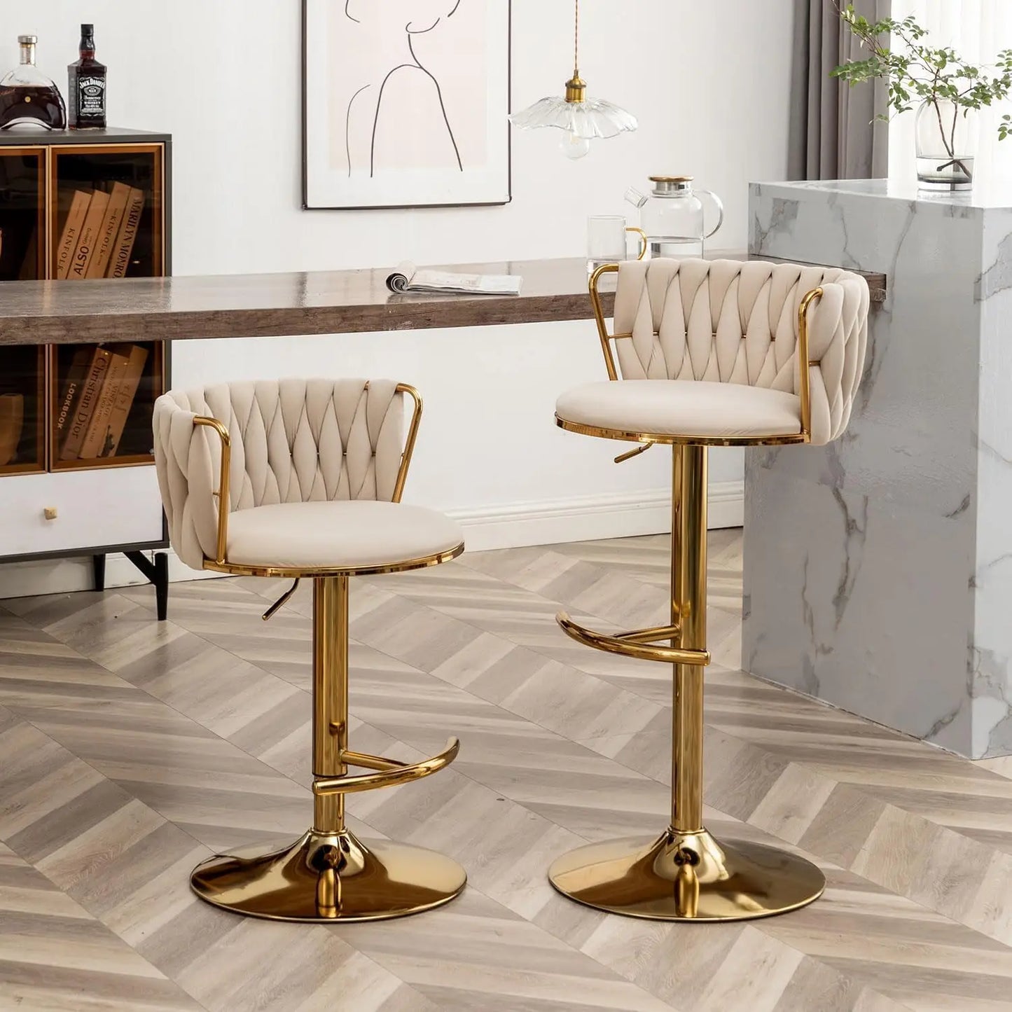 Gold Velvet Bar Stools Set of 3, Swivel Counter Height Bar Stools with Back, Adjustable Woven Barstools for Kitchen Island,