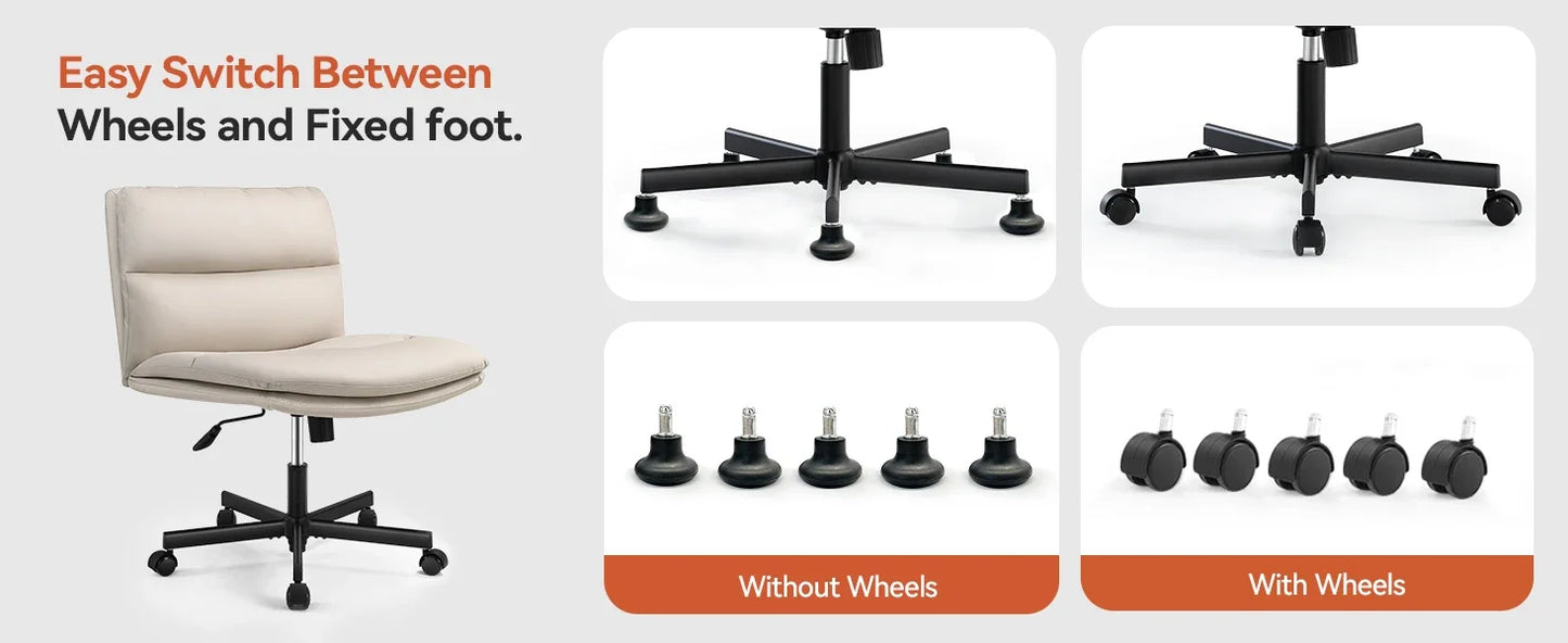 PU Upholstered Dressing Chair, Mid-back Ergonomic Home Office Computer Chair, Comfortable Adjustable Swivel Work Chair