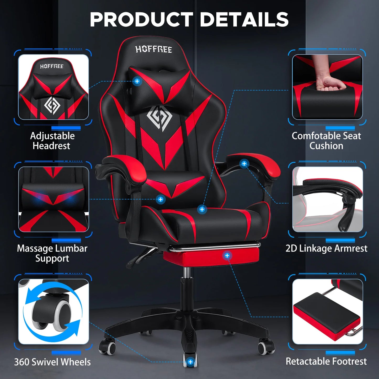 Massage Gaming Chair for Kids Computer Gamer Chair with Footrest and Lumbar Support Reclining PC Office Chair with Headrest