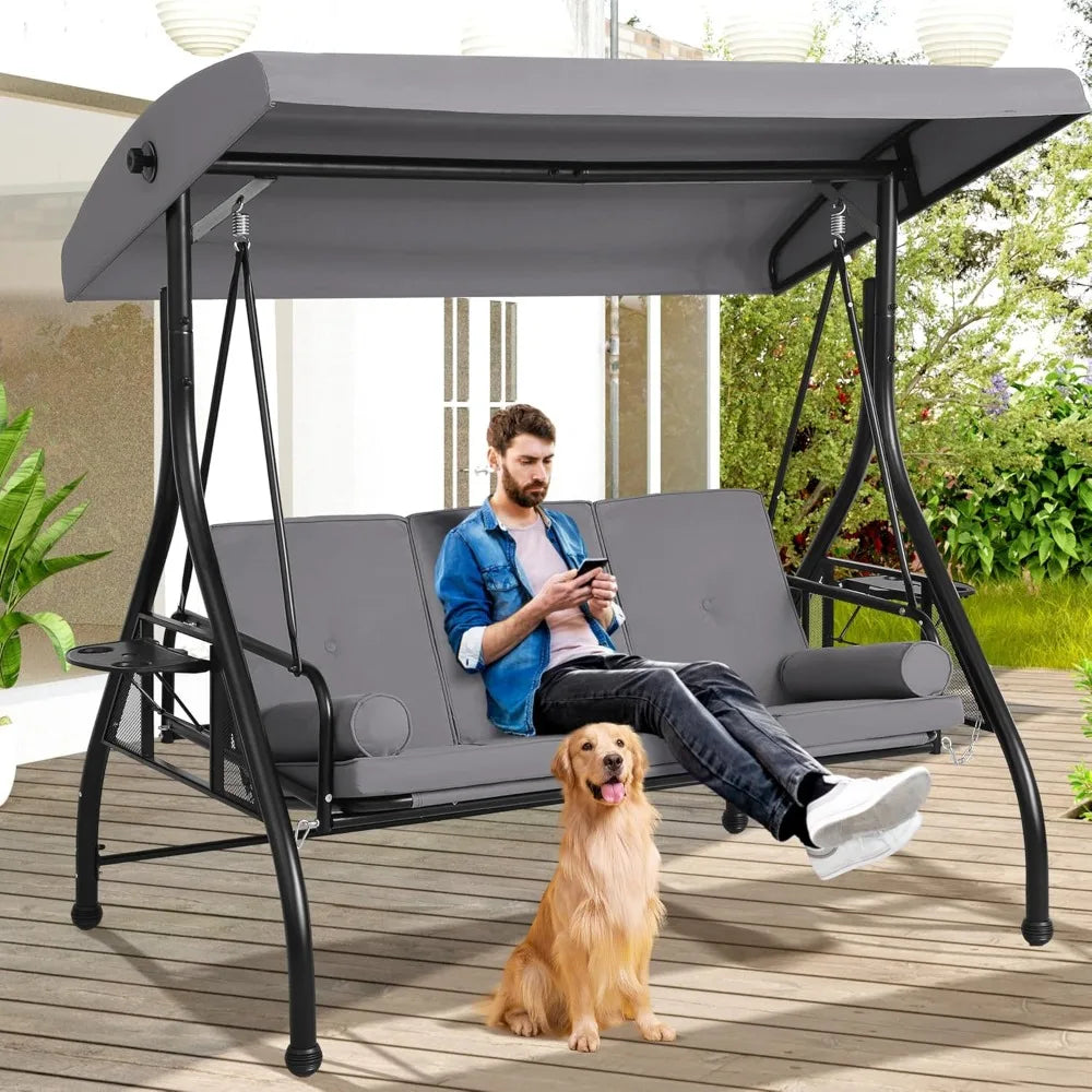 3-Seat Outdoor Porch Swing with Adjustable Canopy, 3 Person Convertible Porch Swing Bed with Stand, Heavy Duty Patio Swing with