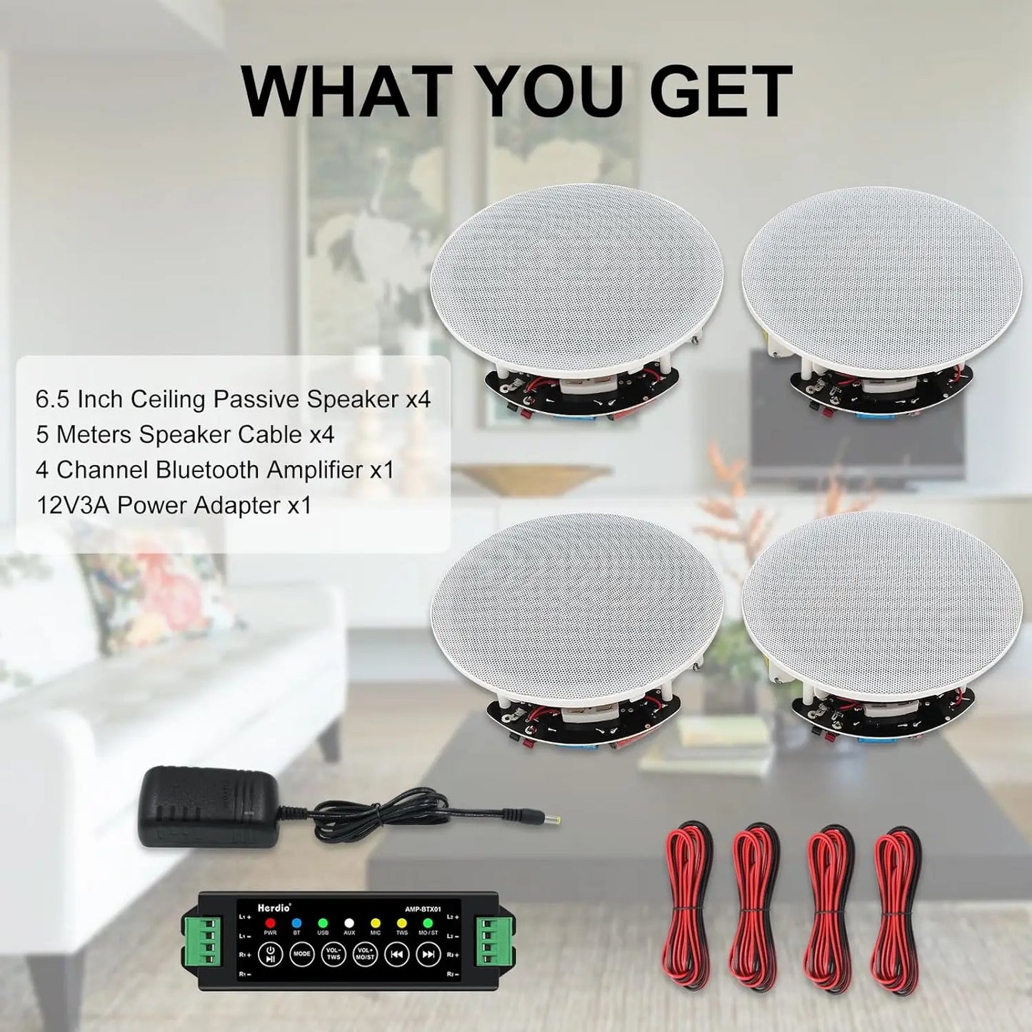 Herdio 4PCS 6.5" 4PCS Bluetooth In Ceiling Speakers 600W 2-Way Flush Mount Speakers System With Wall Amplifier Receiver For Home