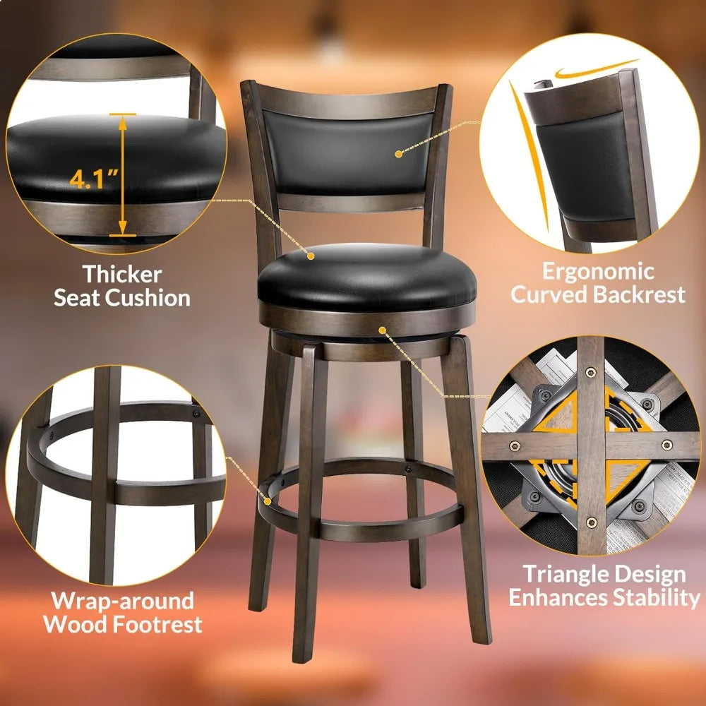Swivel Bar Stools Set of 2, 26 Inch Counter Height Barstools, Black Faux Leather Bar Stool with High Backrest & Solid Wood Legs