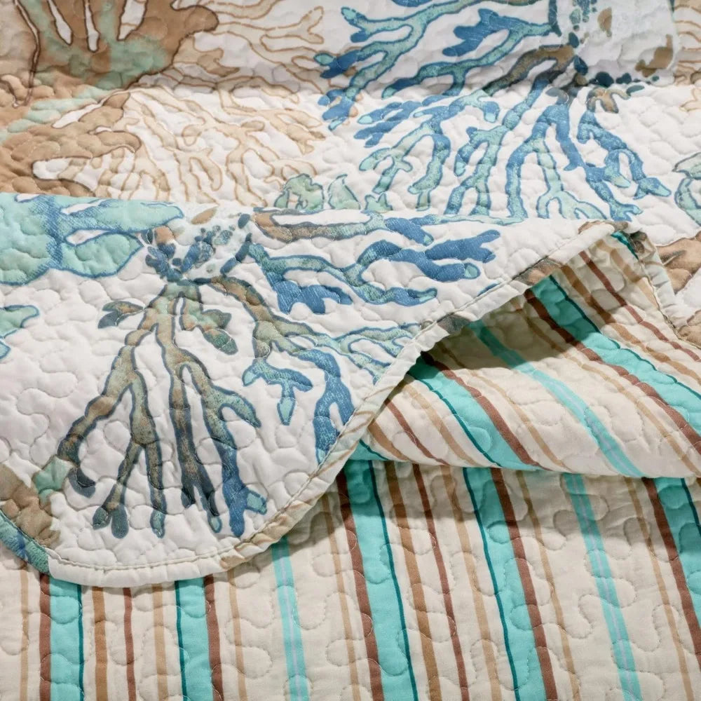 Coastal Sea Coral Pattern Reversible Quilt Set, 4-Piece, Twin/XL Size, Jade Green, Oversized Comfort