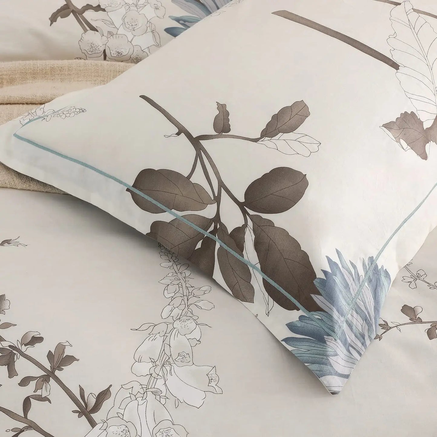 SLEEPBELLA Comforter 600 Thread Count Cotton Brown Branches and Blue Flowers Off-White Comforter Down Alternative Bedding Sets