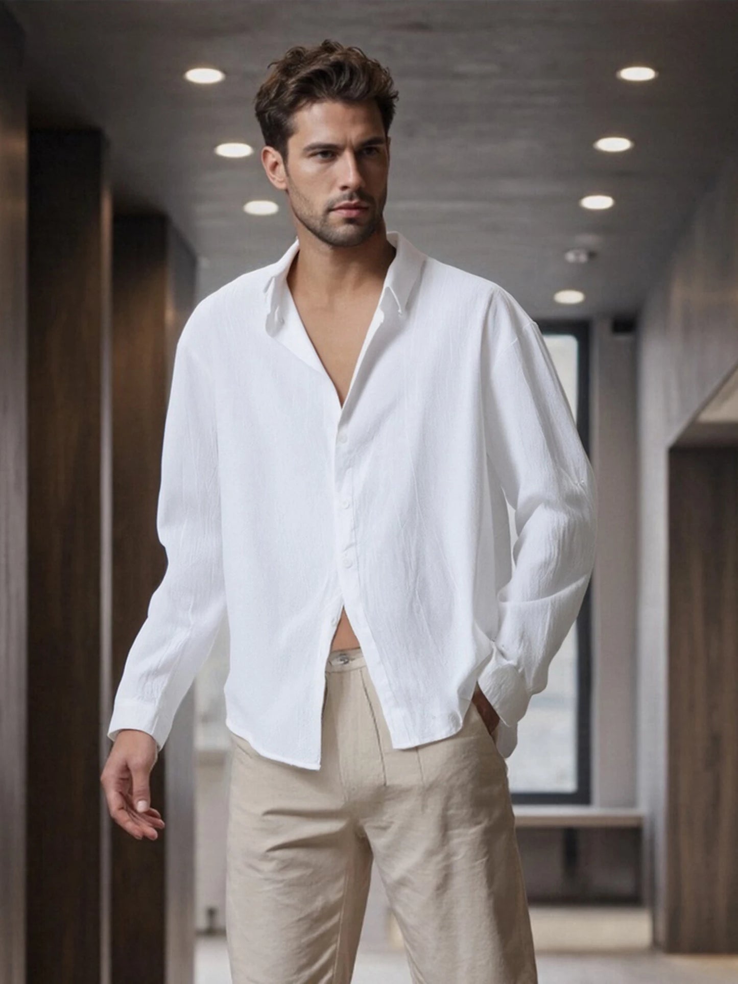 Stylish Men s Button Up Shirt with Long Sleeves and Turn Down Collar in Trendy Solid Color Design for Casual Wear