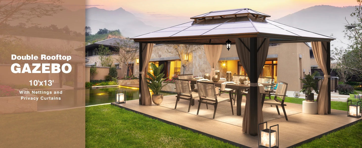 10'x13' Hardtop Gazebo, Outdoor Polycarbonate Double Roof Canopy, Aluminum Frame Permanent Pavilion, Sunshade