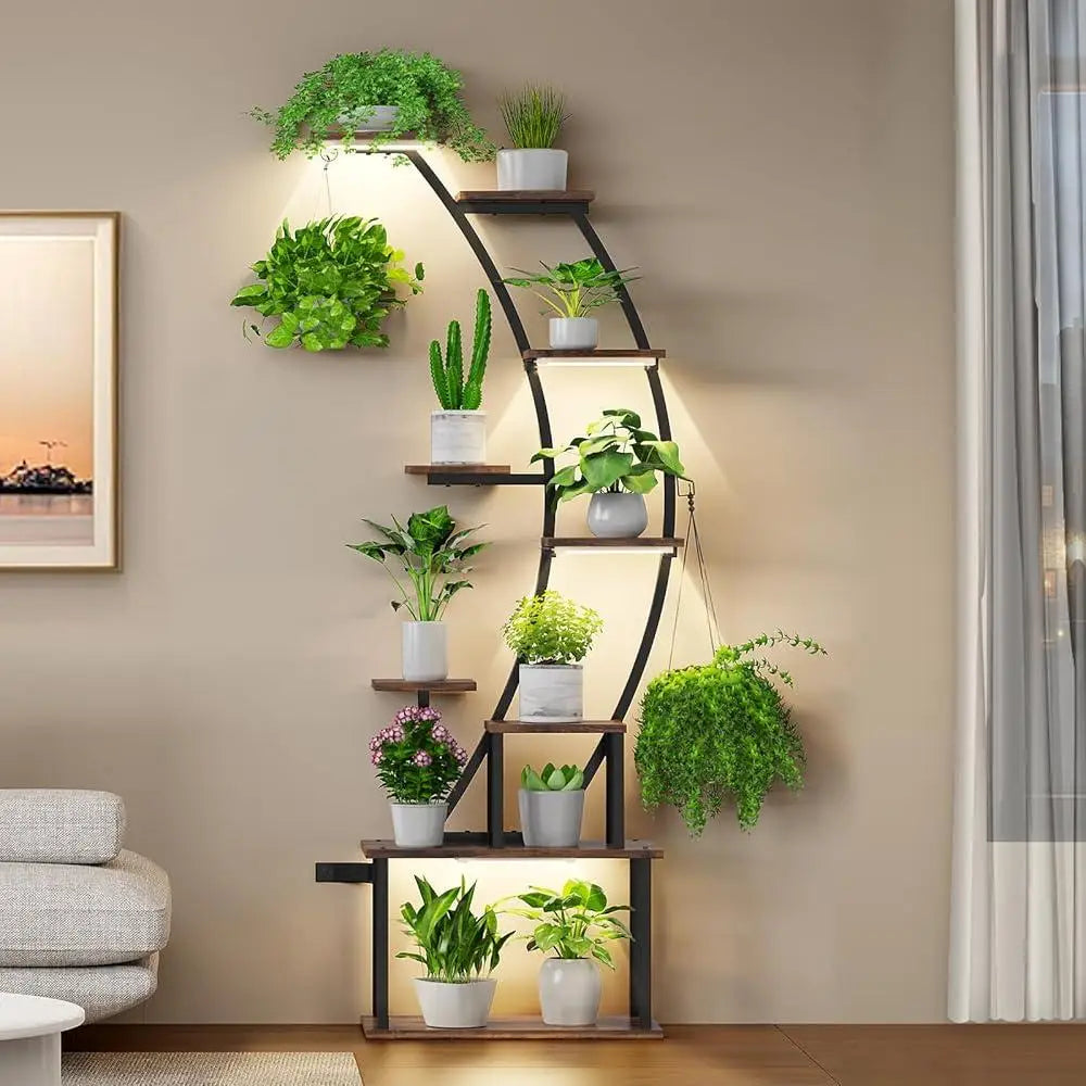 Indoor Plant Stand with Grow Lights 9 Tier Metal Shelf Flower Pots and Home Decor Display