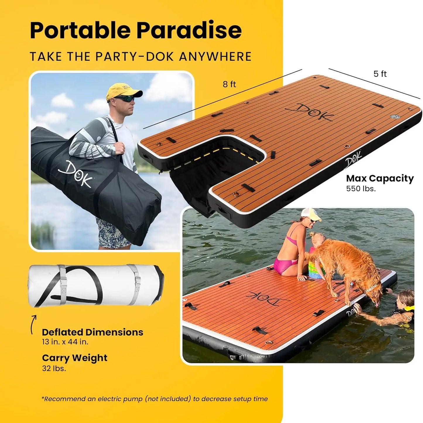 DOK Dog-DOK Inflatable Dock Platform: Safe & Easy Water Access for Dogs Up to 230 lbs; Floating Non-Slip EVA Foam with Dog Boat