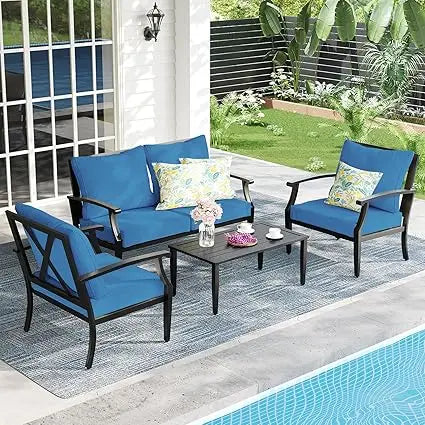 4-Piece Patio Furniture Set, Wider Outdoor Metal Seating Sofa with High Back & Loveseat, Coffee Table, All Weather Metal Convers