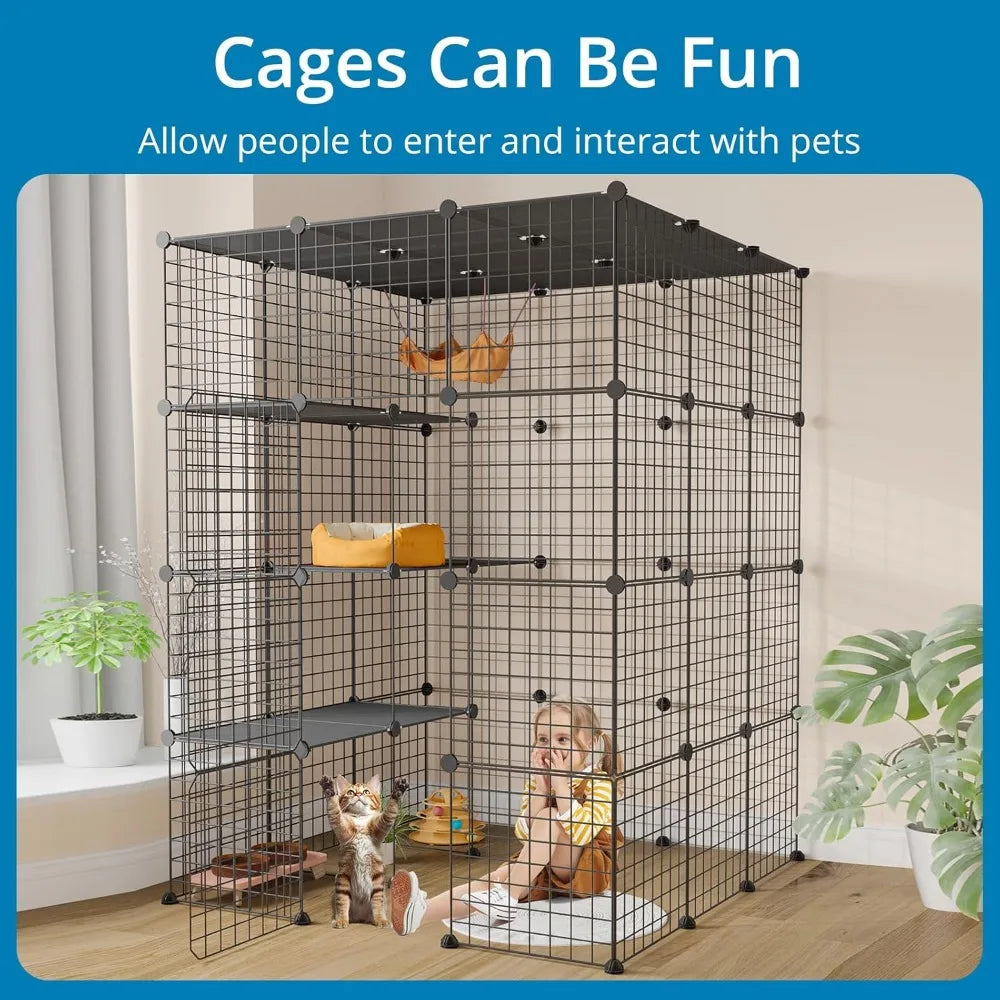 Large Cat Cage, Enclosures Indoor with Balcony, DIY Playpen Detachable Metal Wire Kennels Crate 3x3x4 Large Exercise Place Ideal