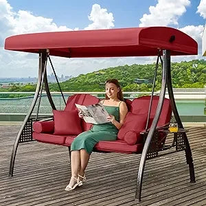 3 in 1 Outdoor Porch Swing with Adjustable Canopy, 3 Seat Outdoor Swing for Adults, Patio Swing Chair with Thickened Cushions,Pi