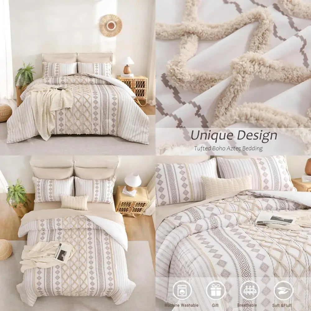 Queen Size Shabby Chic Aztec Western Beige Tufted Boho Comforter Set with Bedding
