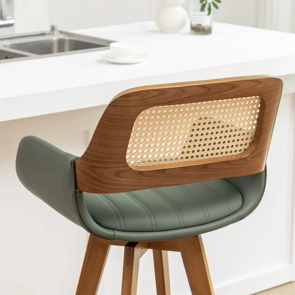 Counter Stools Rattan Swivel Counter Height Bar Stools with Cane Back, Upholstered Seat, Faux Leather Upholstered Furniture