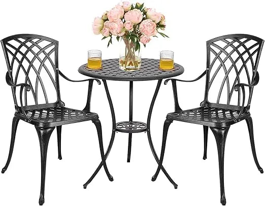 3 Piece Patio Bistro Set Cast Aluminum Bistro Table Set Outdoor Round Dining Table with Umbrella Hole for Porch, Lawn, Garden,