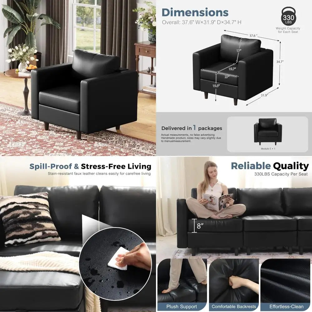 Modern Black Faux Leather Armchair with Storage, Deep Seating for Reading, Suitable for Living Room, Bedroom, or Office