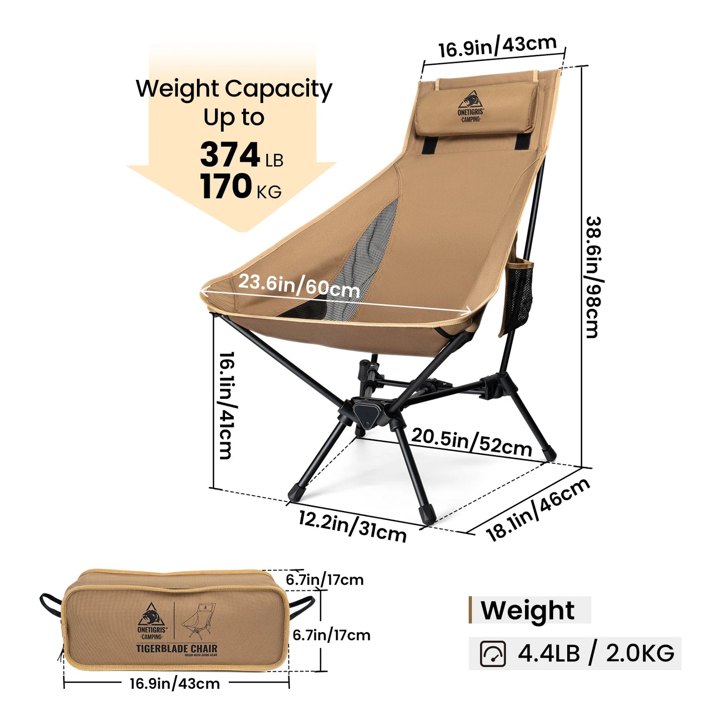 OneTigris Portable Tigerblade Camping Chairs Outdoor High Back Chair For Fishing Trekking BBQ Parties Gardening Indoor Use