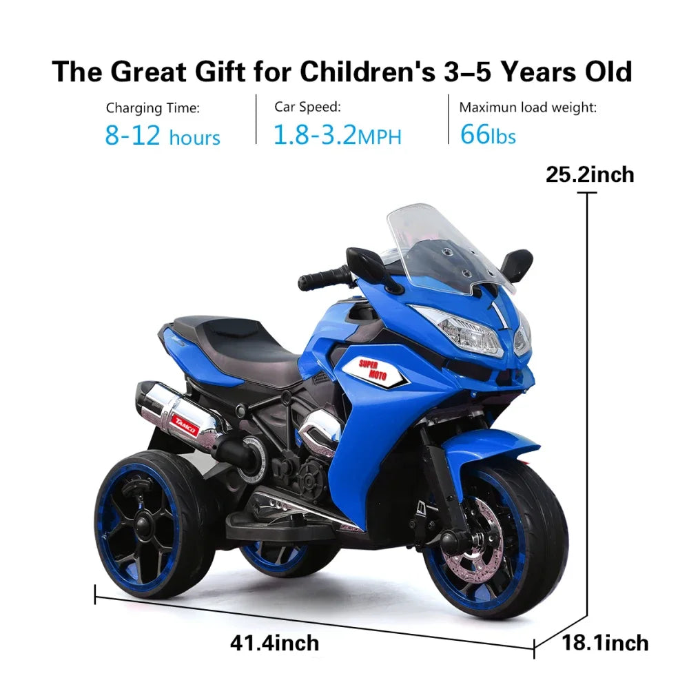 12V Kids Electric Motorcycle Ride On 3-Wheel Battery-Powered Rechargeable Toy Colorful LED Light-Up Wheels Boys Girls Fun Gift