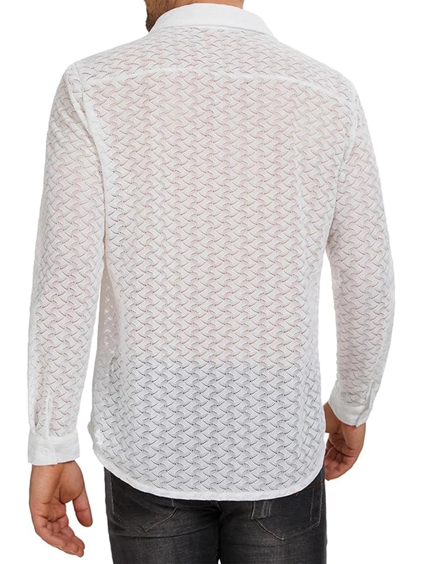 Men s Mesh Panel Shirt with Sheer Lace Detailing and Lapel Neckline Long Sleeve Button-up Top for Casual Streetwear Fashion