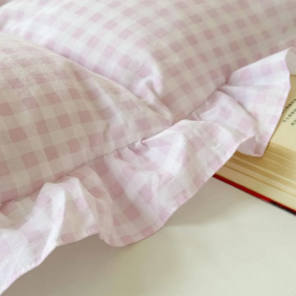 Queen Size Pink Gingham Ruffle Duvet Cover Set, 3-Piece Soft Pre-Washed Microfiber Plaid Comforter Cover