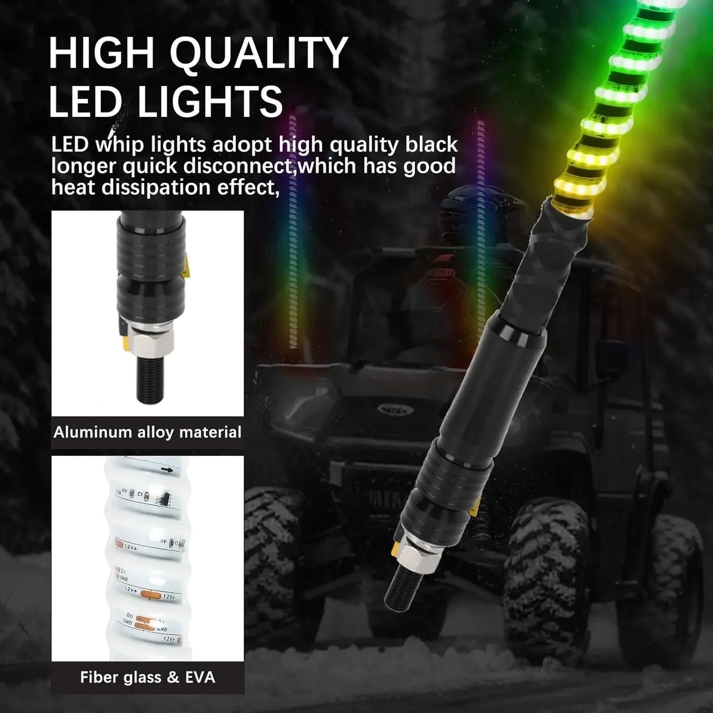 2PCS 2ft LED Whip Lights For UTV Colorful RGB Chasing/Dancing Light RGB Chasing Lighted Antenna Whips For ATV Truck