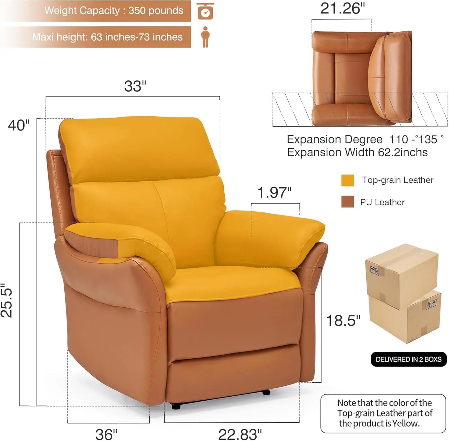 Italian Crafted Top Grain Leather Recliner Chair, Wall-Hugging Design for Living Rooms