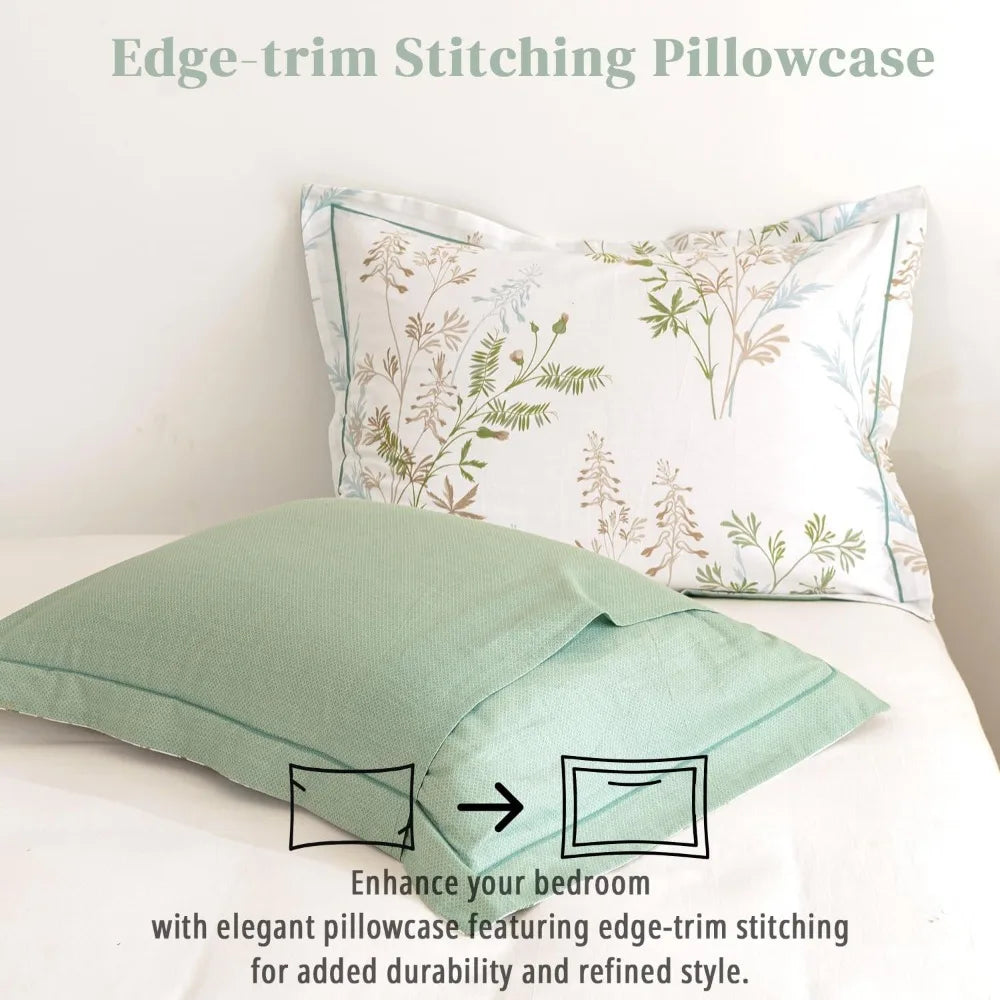 3pcs Botanical Comforter Sets Queen Size-Green Comforter with Luxurious Tan & Gray Leaves on White, Reversible