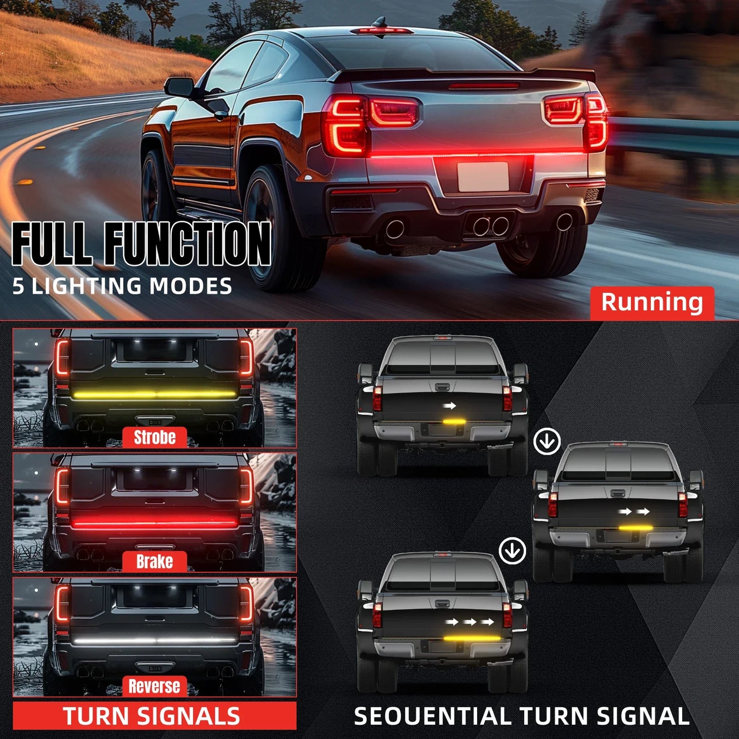 60" Tailgate LED Strip Bar Brake Turn Signal Tail Light LED Tailgate Light Bar Brake Backup Running Strip Led Lights