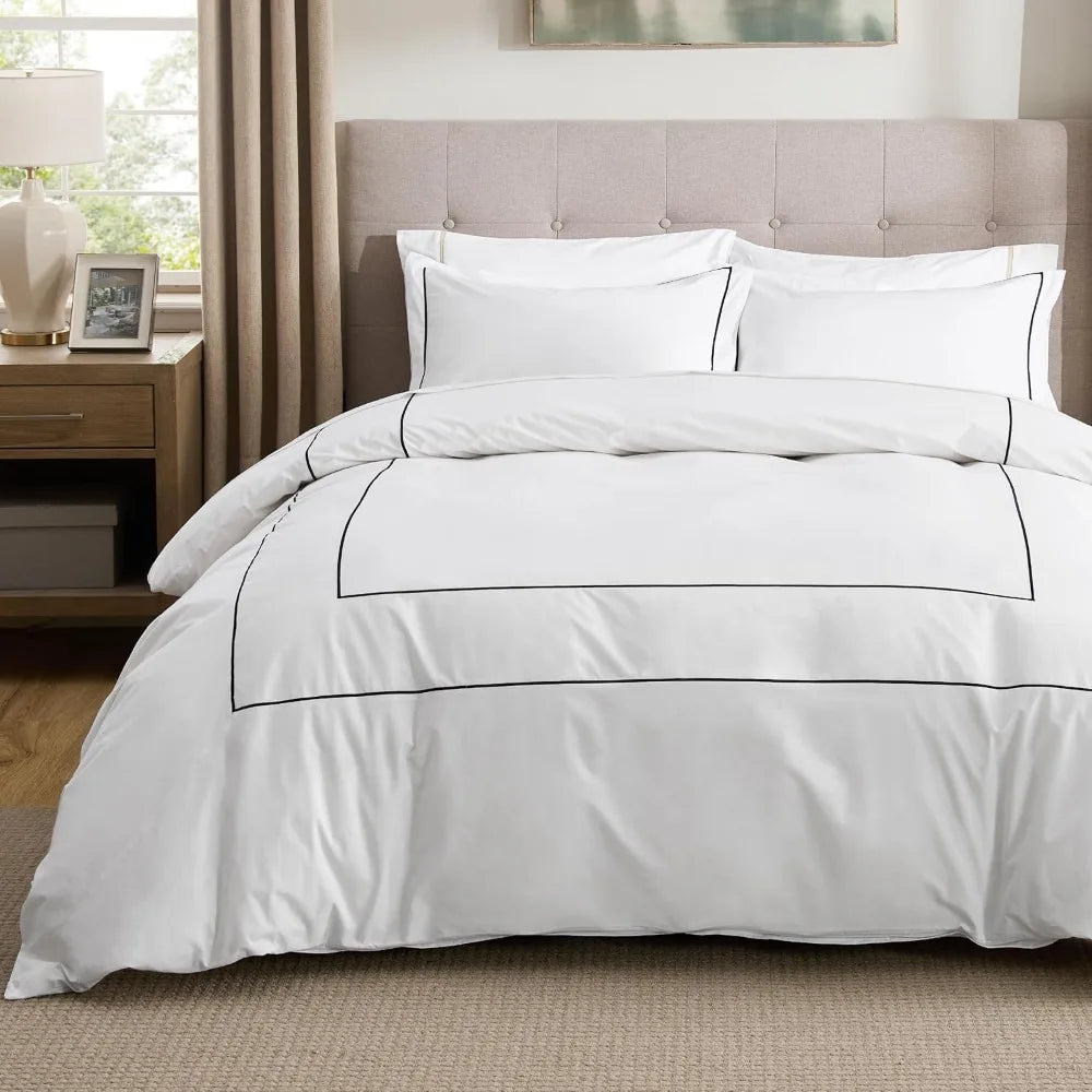 Bedsure Luxury Hotel Duvet Cover Queen Size, 100% White Cotton Embroidery Bedding Set, Includes 1 Duvet Cover 90x90 Inches with