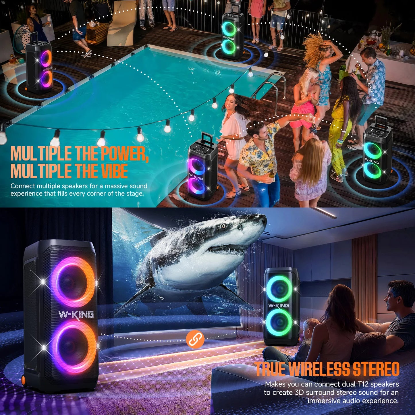 W-KING T12 Tragbare Bluetooth-Lautsprecher-Box mit 370W MAX Pro Sound, Lichtshow, CSB, Bass Boost, Rollen und Teleskopgriff