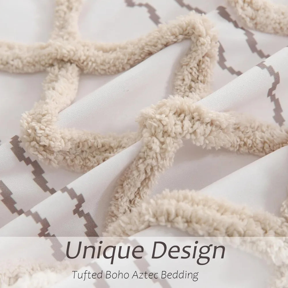 Queen Size Shabby Chic Aztec Western Beige Tufted Boho Comforter Set with Bedding