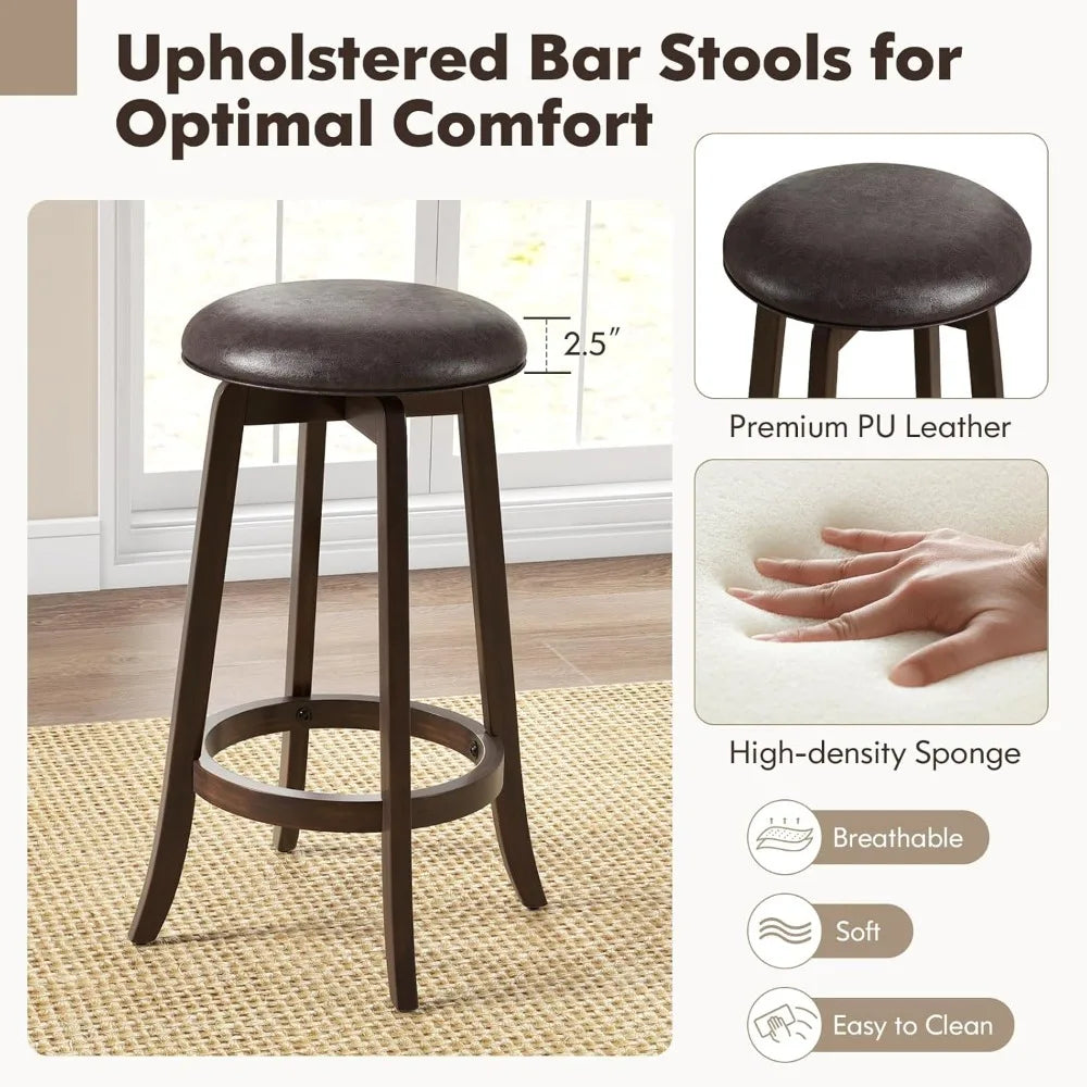 Bar Stools Set of 2, 29" Bar Height Bar Stools w/ 360° Swivel Round Seat & Footrest, Rubber Wood Frame, Upholstered PU L