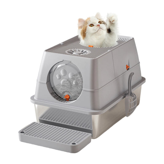 Stainless Steel Cat Litter Box, High Sided Enclosure Cat Toilet With Lid, Front And Top Door, Sand Filter Pedal & Litter Scoop