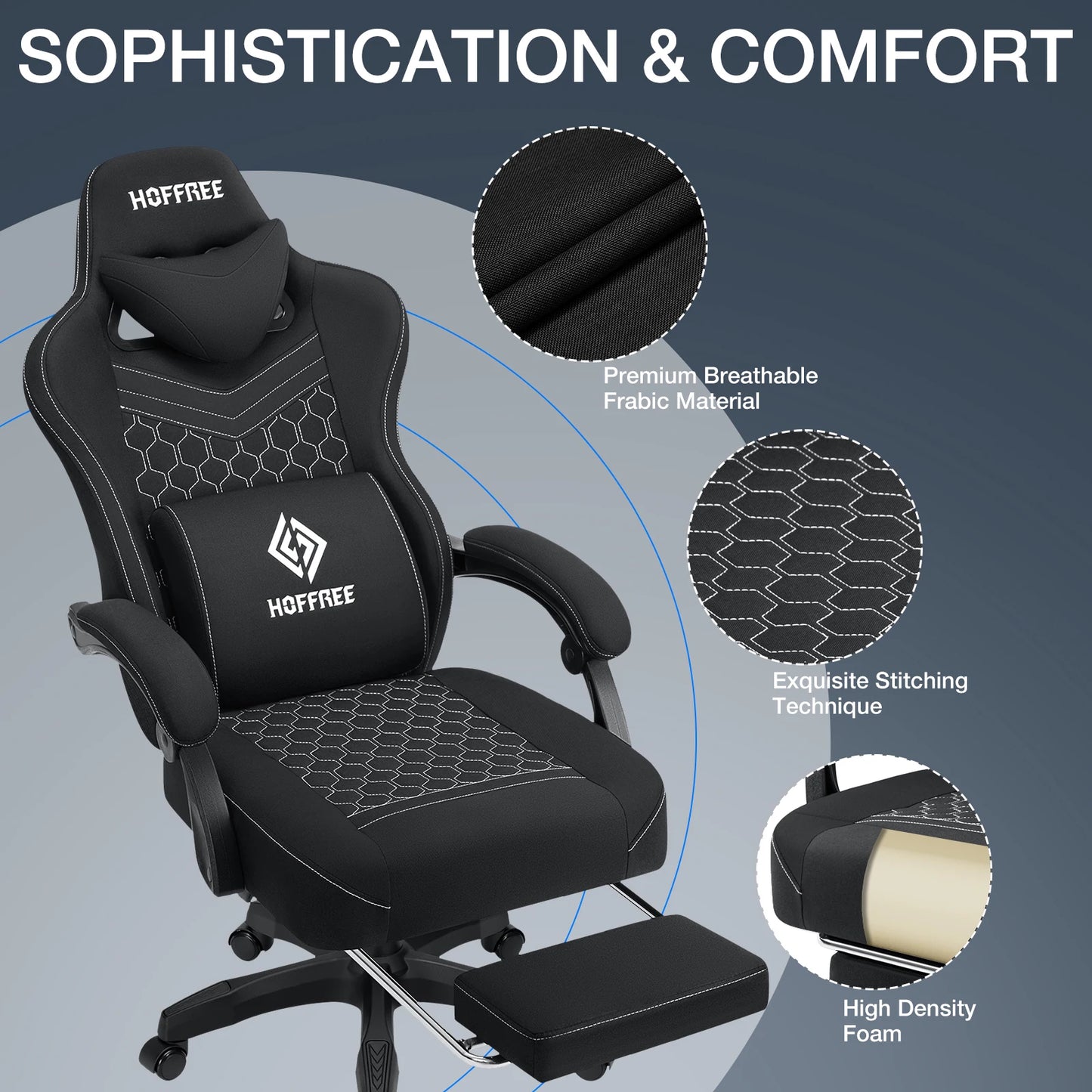 Ergonomic Office Chair With Footrest Lumbar Cushion Bluetooth Speaker 2-Point Massage Height Adjustable Gaming Racing Chair Sofa