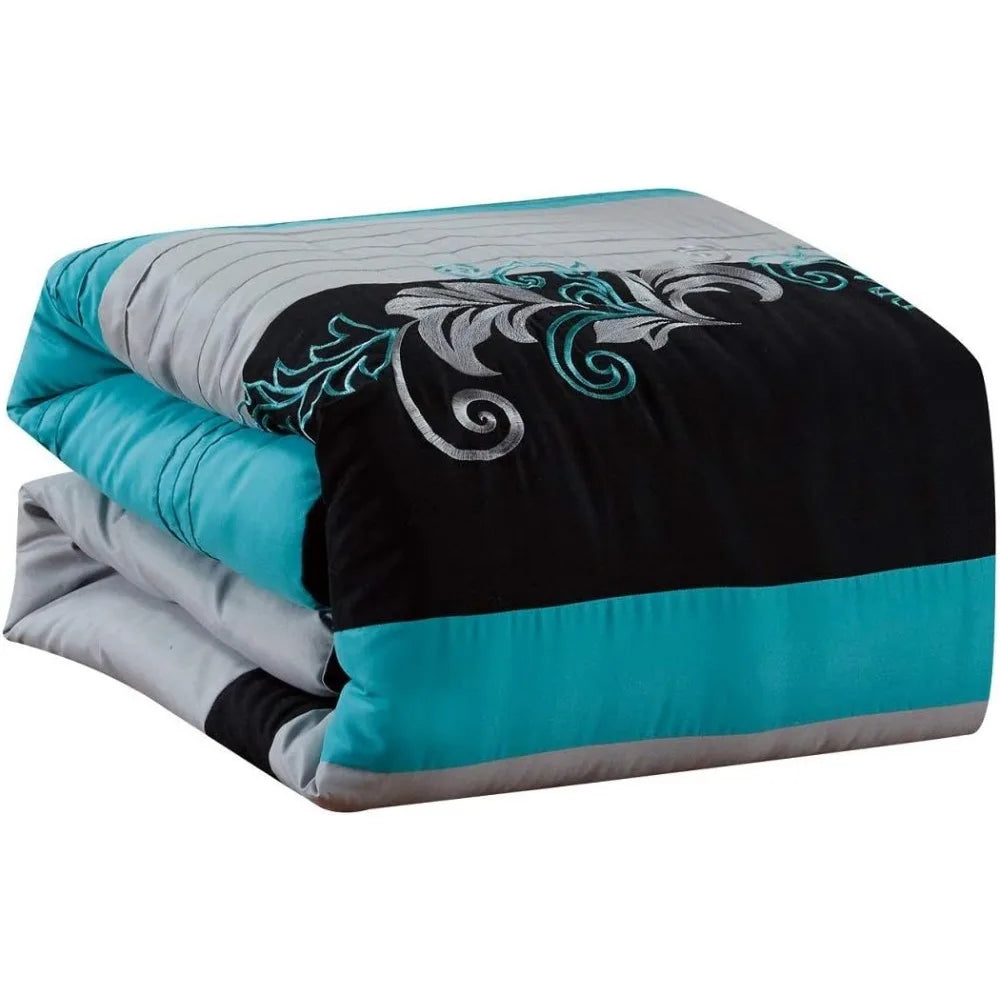 Collection Napa 7-Piece Luxury Leaves Scroll Embroidery Bedding Comforter Set (Queen, Teal Blue/Gray/Black)