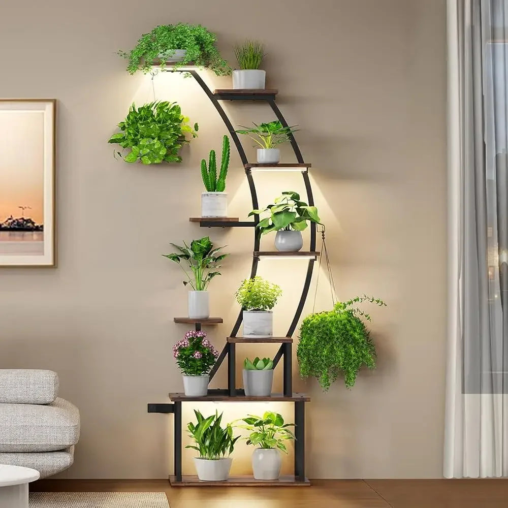 Indoor Plant Stand with Grow Lights 9 Tier Metal Shelf Flower Pots and Home Decor Display