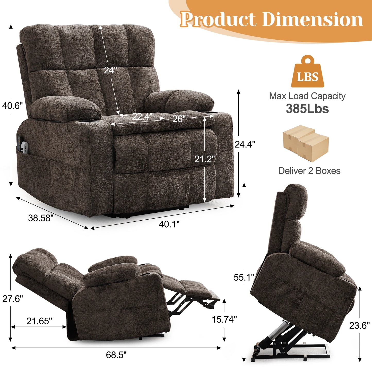 Korser Oversized Motor Power Lift Recliner for Elderly with Headrest,Massage Single Sofa with USB Ports,Cupholder for LivingRoom
