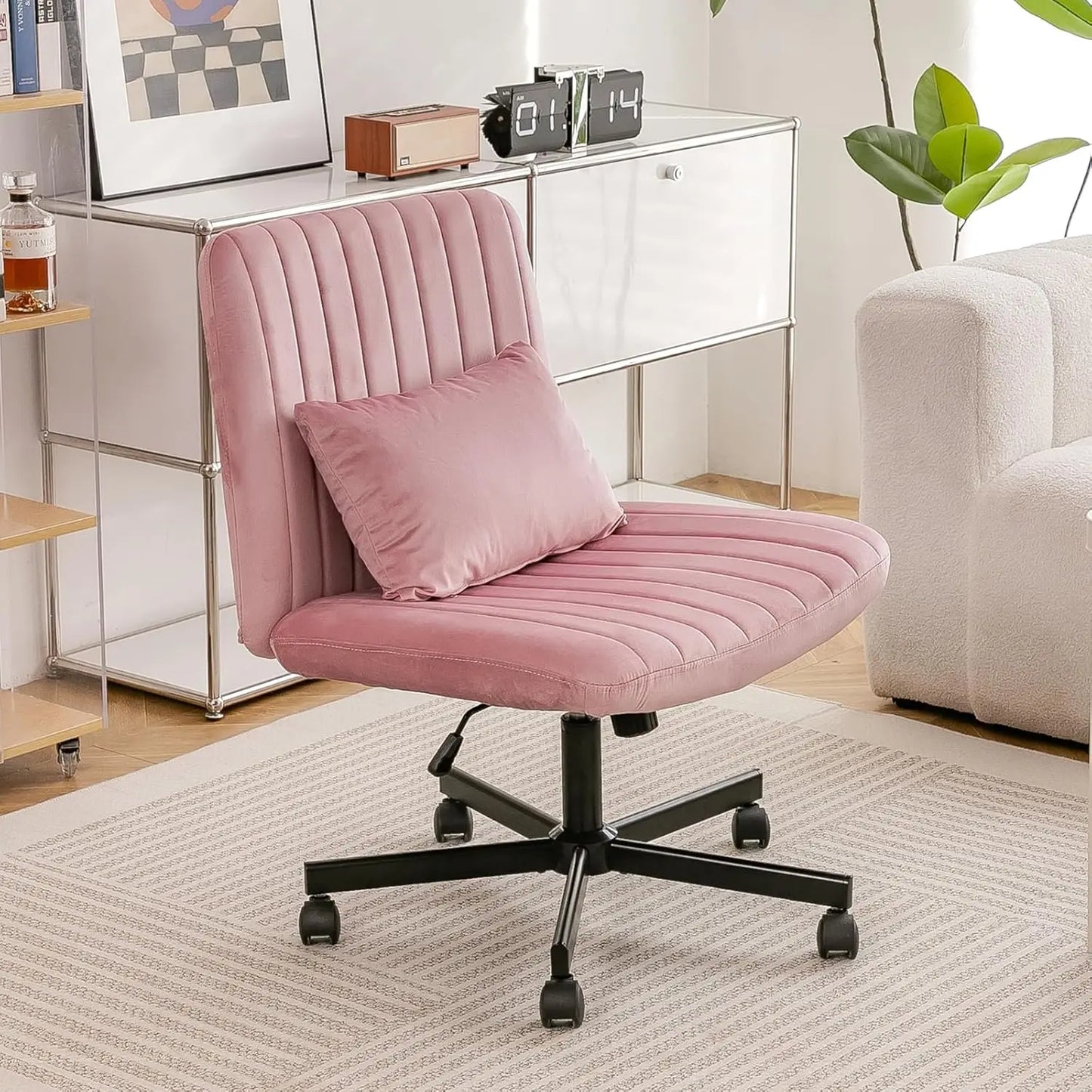 Criss Cross Chair, Office Chair Cross Legged with Wheels, Armless Office Chair, Velvet Desk Chairs with Wheels for Home Office,