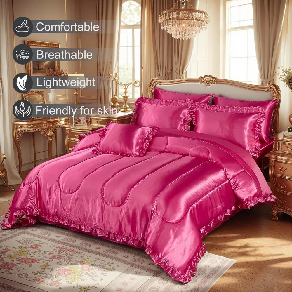 Luxurious Silk-Like Queen Size Satin Bedding Set in Hot Pink with Comforter and Sheets