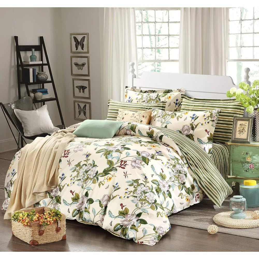 Cotton Striped Floral Duvet Cover Set in Green and Beige with Shabby Chic Flower Branches for Summer Reversible Bedding 600 Thre