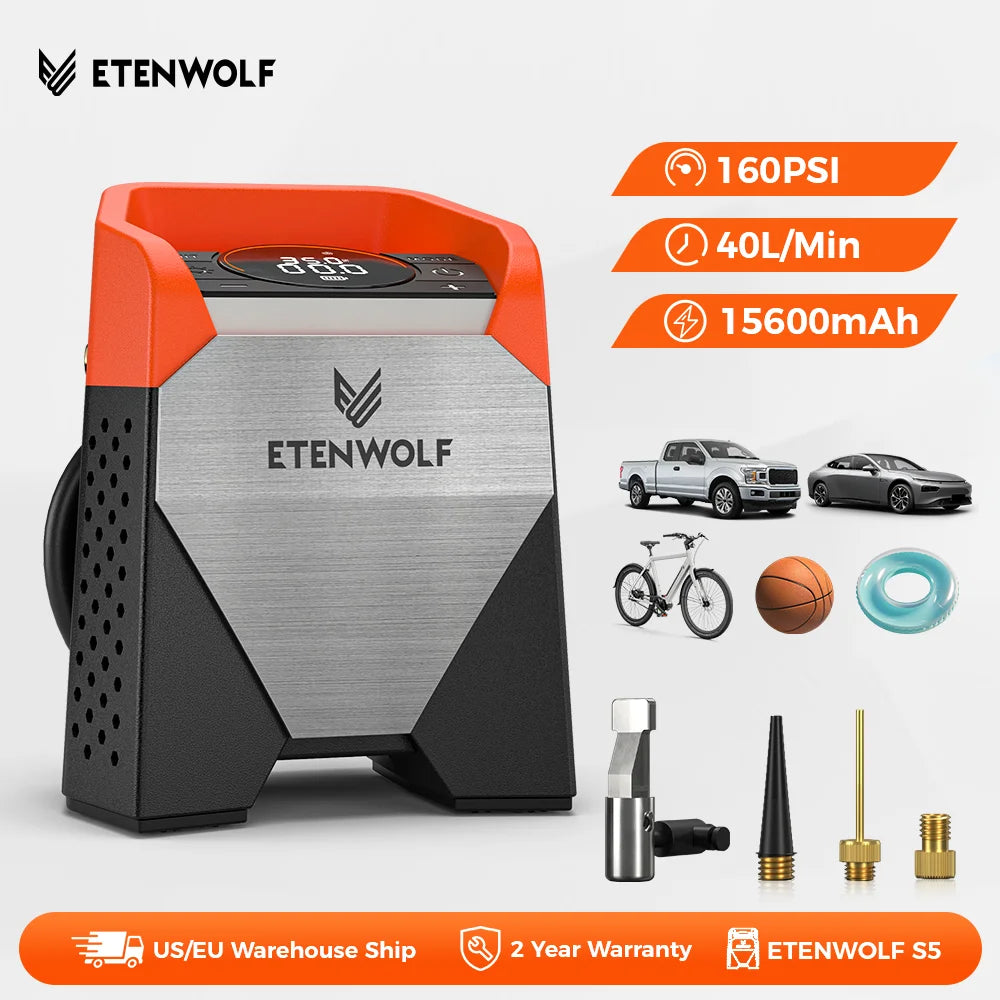 ETENWOLF ZEPHYR S5 Portable Tire Inflator Heavy-Duty Car compressor 160PSI &15600mAh for Pickups Car Tires Motorcycles Bicycles