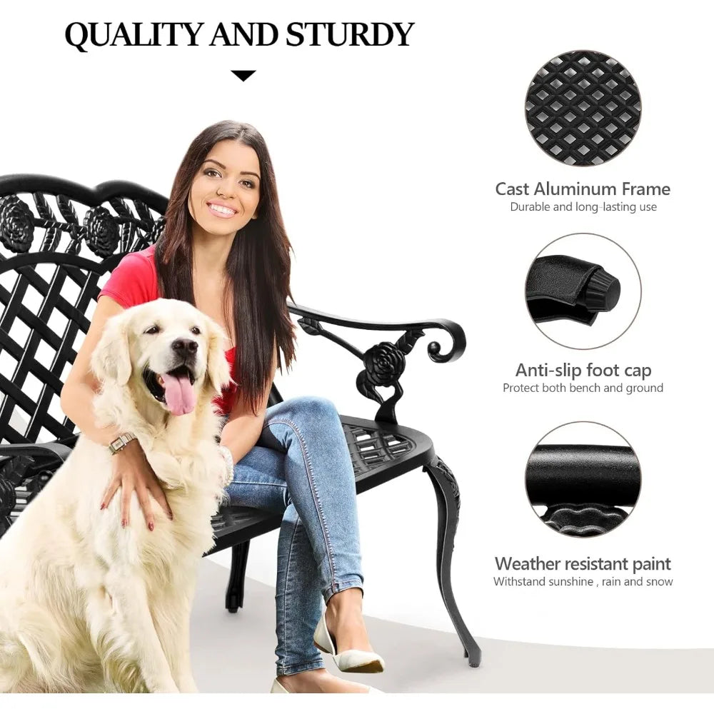 42.5" Outdoor Bench, Antique Cast Aluminum Front Porch Bench Metal Garden Benches Cast Iron Benches 2-3 People Seating (Black)