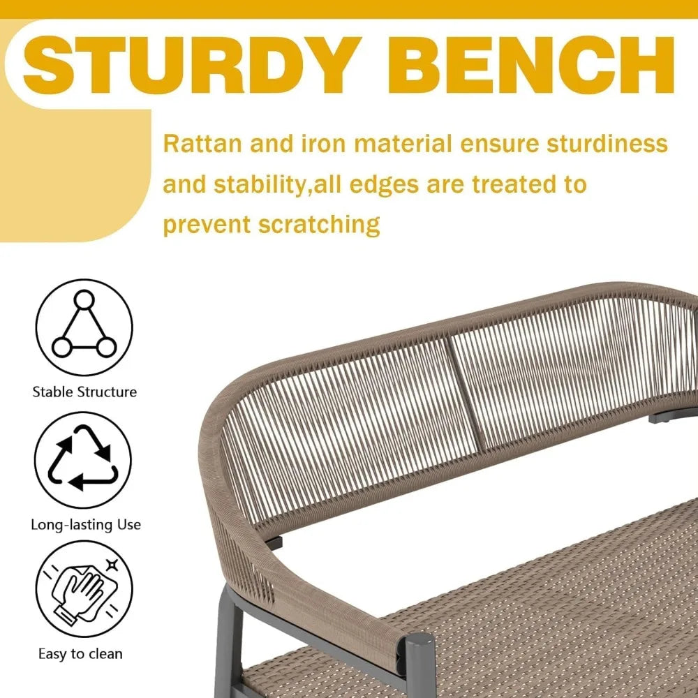 Outdoor Loveseat Bench,46.8 Inches Wicker Frame Patio Bench, All Weather Outdoor Bench with Rattan Backrest Armrests and Metal L