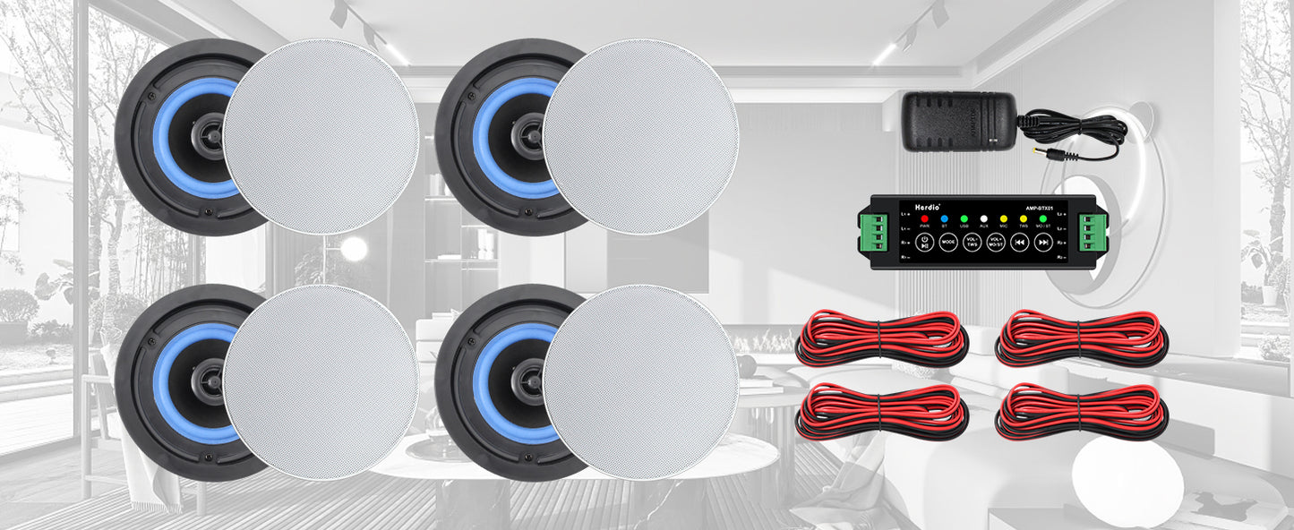Herdio 4 " 320 Watts 2-Way Bluetooth Ceiling Speakers Package Perfect For Home Theater System Living Room Flush Mount 4 Speaker