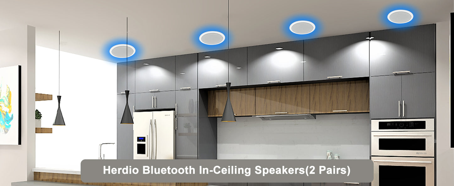 Herdio 5.25” 4PCS Flush Mount Bluetooth Ceiling Speaker System Max Power 600W Great For Humid Indoor Outdoor Kitchen Bedroom